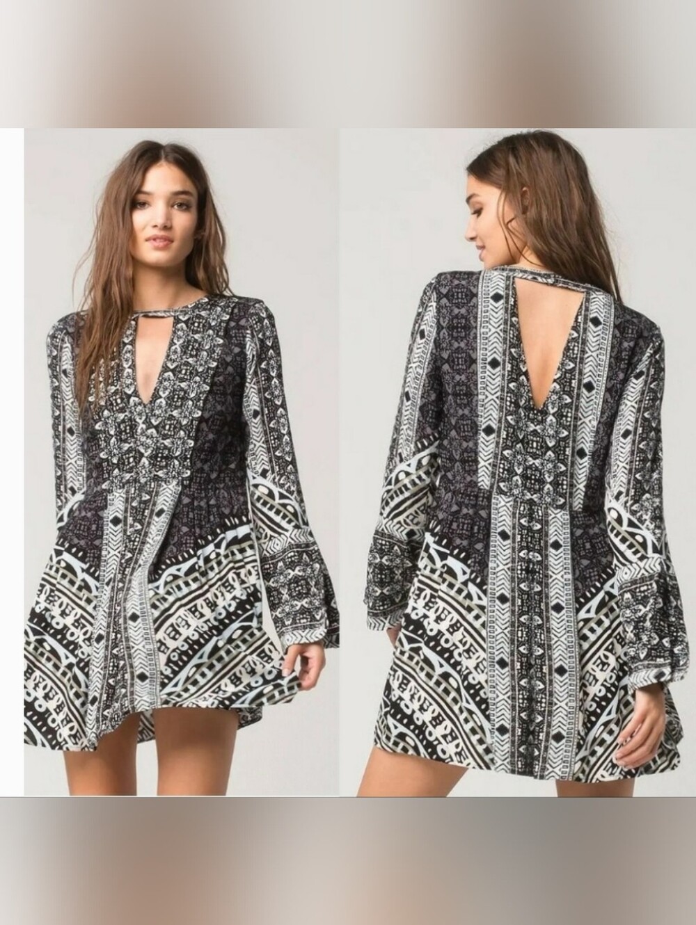 FREE PEOPLE NWT Tegan Boarder Printed Mini Dress Black Combo Size 4 Boho Flowy